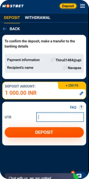 Mostbet deposit details