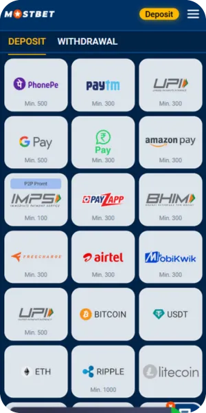 Mostbet  deposit methods
